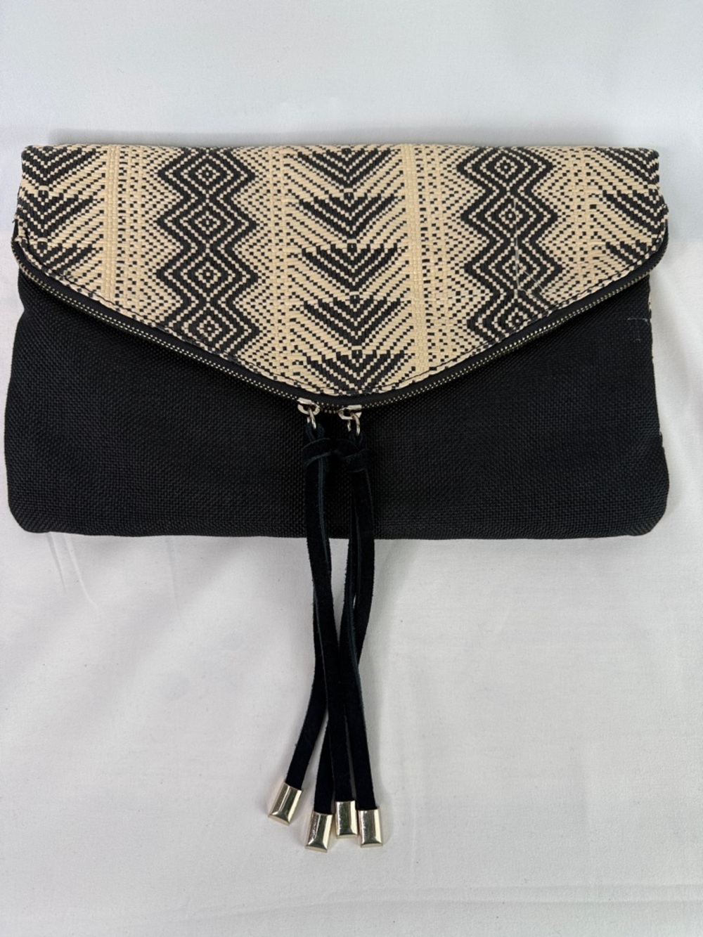 Express Black Clutch with Beige Geometric Fold-Over Flap